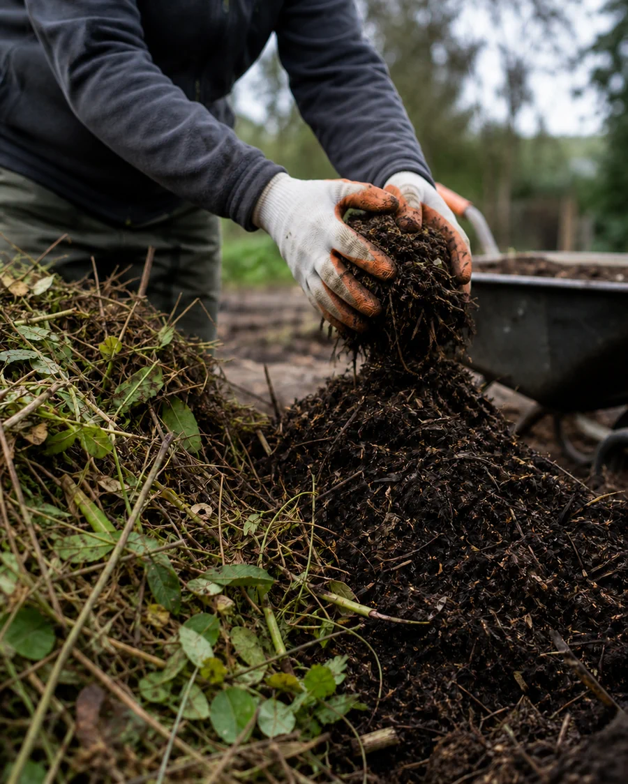 Material vegetal y compost recuperado durante un proceso de aprovechamiento